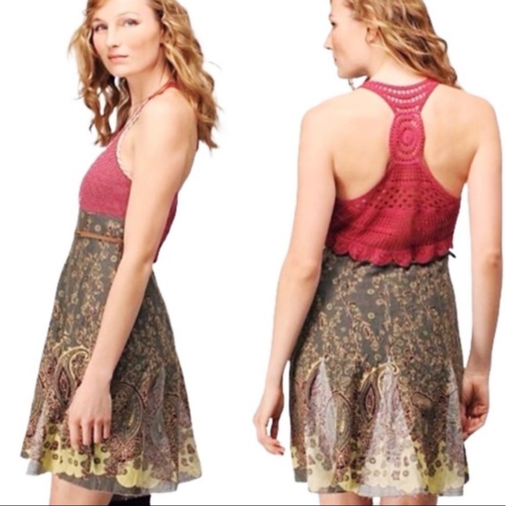 Free People Heartland Paisley Mixed Media Crochet Dress - XS - Burgundy & Olive - Picture 3 of 16